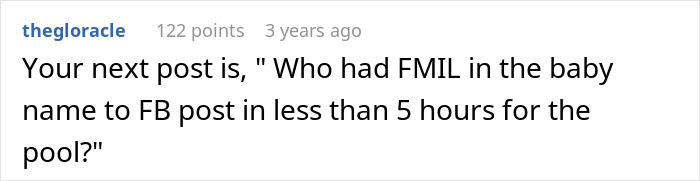 A comment predicting future issues with an overbearing FMIL after a baby name announcement. A comment predicting future issues with an overbearing FMIL after a baby name announcement.