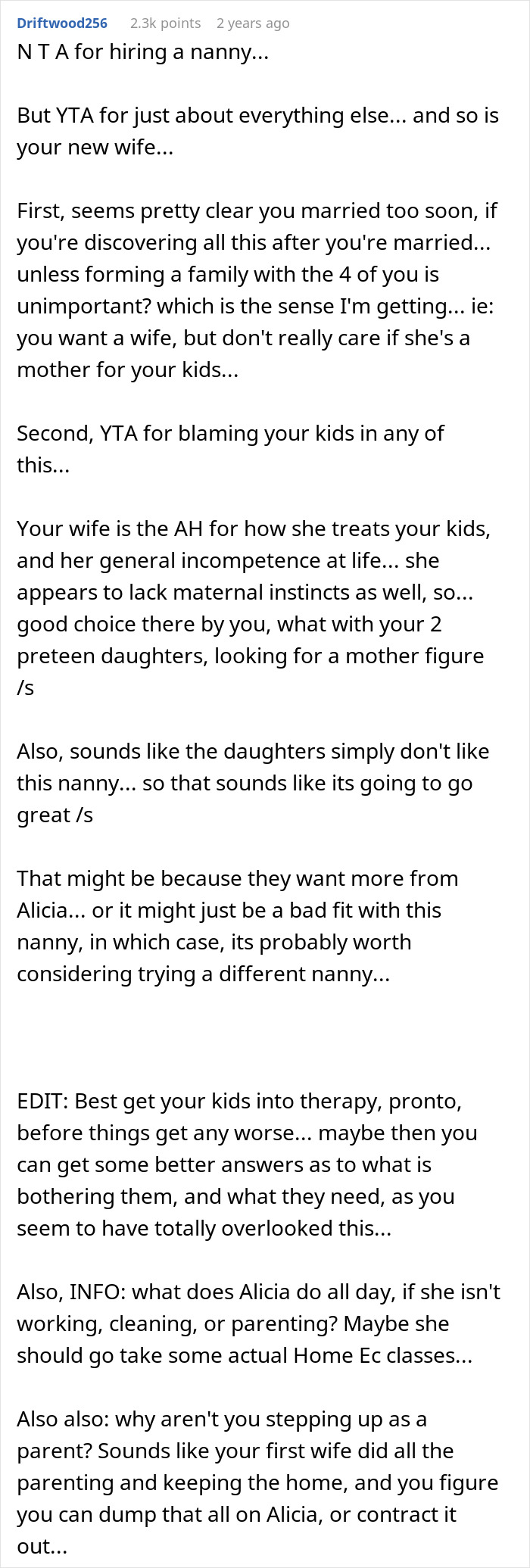 A screenshot of a detailed comment about a dad hiring a nanny and his new wife not handling his kids well. A screenshot of a detailed comment about a dad hiring a nanny and his new wife not handling his kids well.