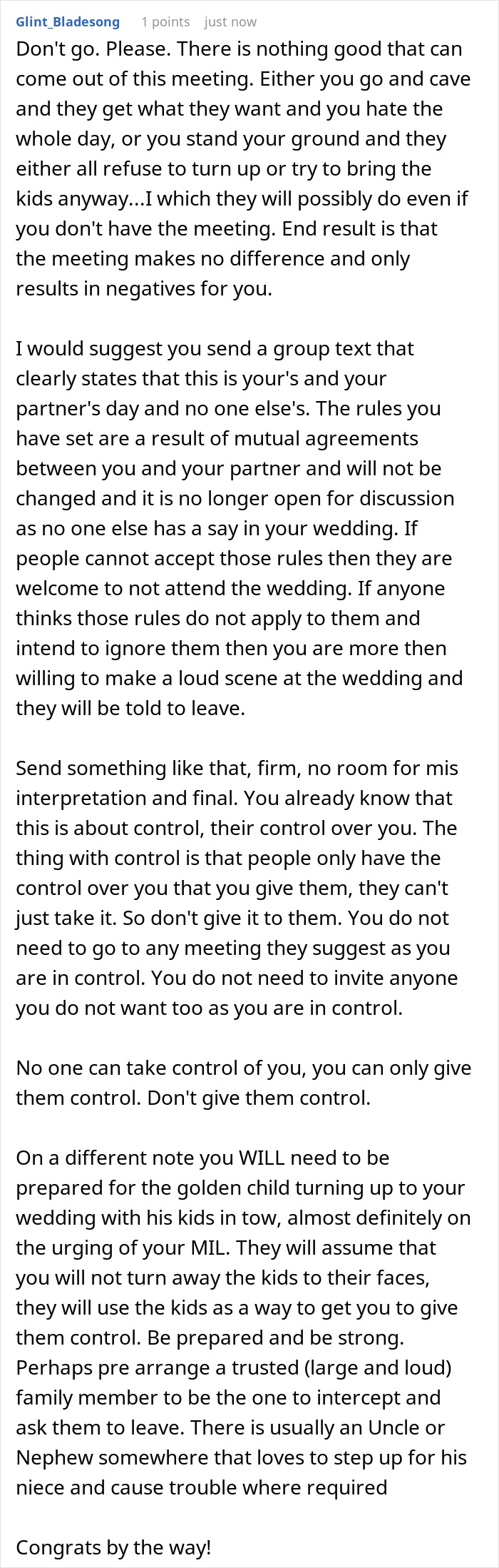 A screenshot of a Reddit comment giving advice on how to handle a MIL who is creating a family feud over a childfree wedding. A screenshot of a Reddit comment giving advice on how to handle a MIL who is creating a family feud over a childfree wedding.