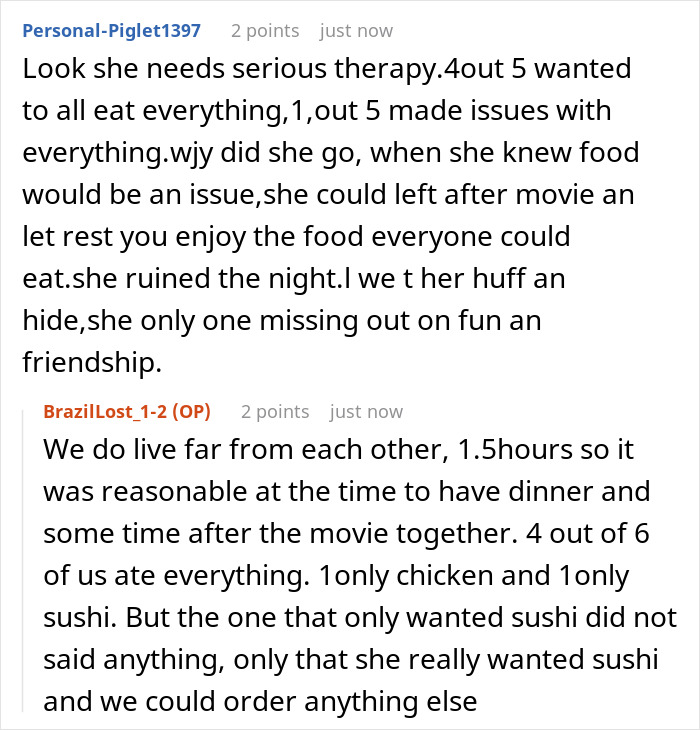 A screenshot of a Reddit comment where a user discusses a picky eater causing issues with a sushi order. A screenshot of a Reddit comment where a user discusses a picky eater causing issues with a sushi order.