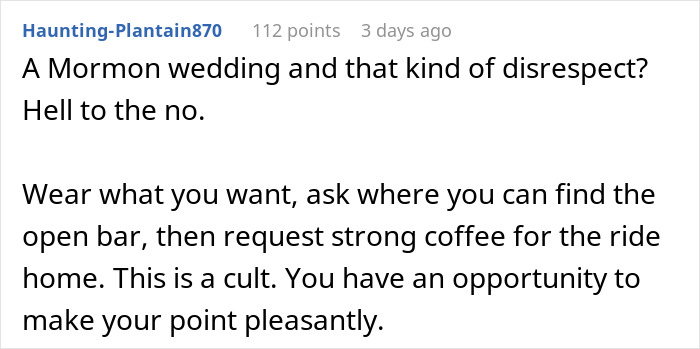A comment about a Mormon wedding and the disrespect shown by the bride's rejection letters based on weight. A comment about a Mormon wedding and the disrespect shown by the bride's rejection letters based on weight.