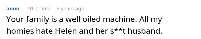 A comment about a family being a well-oiled machine and hating Helen, the MIL who sabotages the wedding. A comment about a family being a well-oiled machine and hating Helen, the MIL who sabotages the wedding.