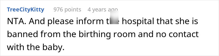 A screenshot of a Reddit comment suggesting a man's mom be banned from the birthing room due to harassment.