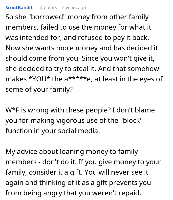 A screenshot of a comment about a man denying his aunt money and her trying to steal it, focusing on family money issues. A screenshot of a comment about a man denying his aunt money and her trying to steal it, focusing on family money issues.