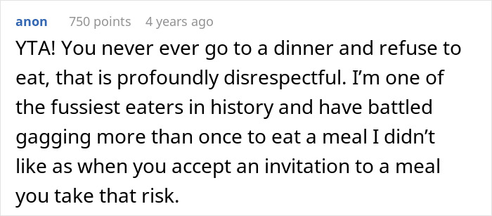 A Reddit comment stating it's disrespectful to refuse to eat at a MIL's dinner.