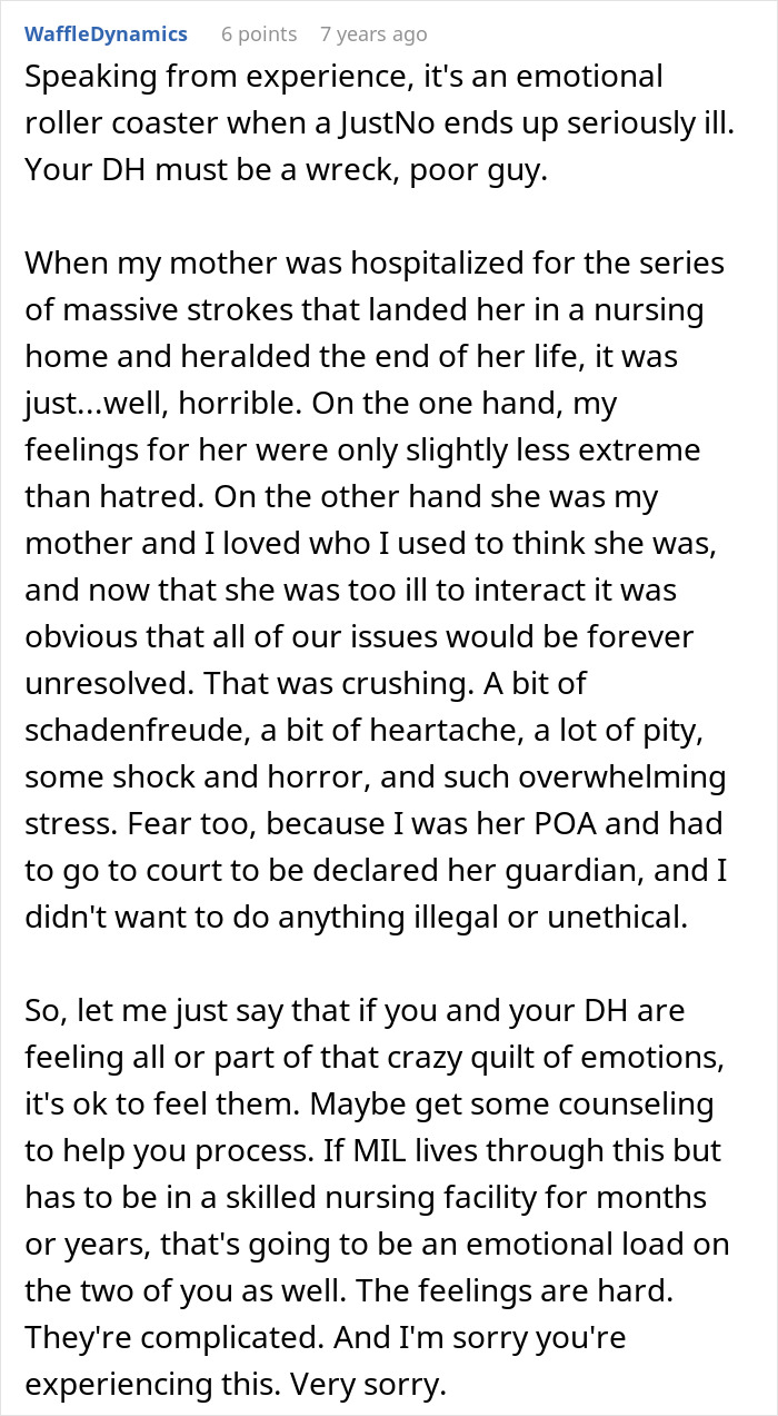 A lengthy comment about emotional struggles when a witching MIL ends up seriously ill from her potion.