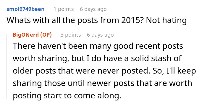 A screenshot of a Reddit comment where a user asks about posts from 2015, and the original poster explains they are sharing older, unposted content, relating to a woman's phone app. A screenshot of a Reddit comment where a user asks about posts from 2015, and the original poster explains they are sharing older, unposted content, relating to a woman's phone app.