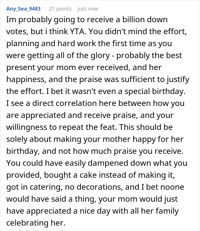 A comment arguing against refusing to host mom's B-day, focusing on making mother happy and appreciation. A comment arguing against refusing to host mom's B-day, focusing on making mother happy and appreciation.