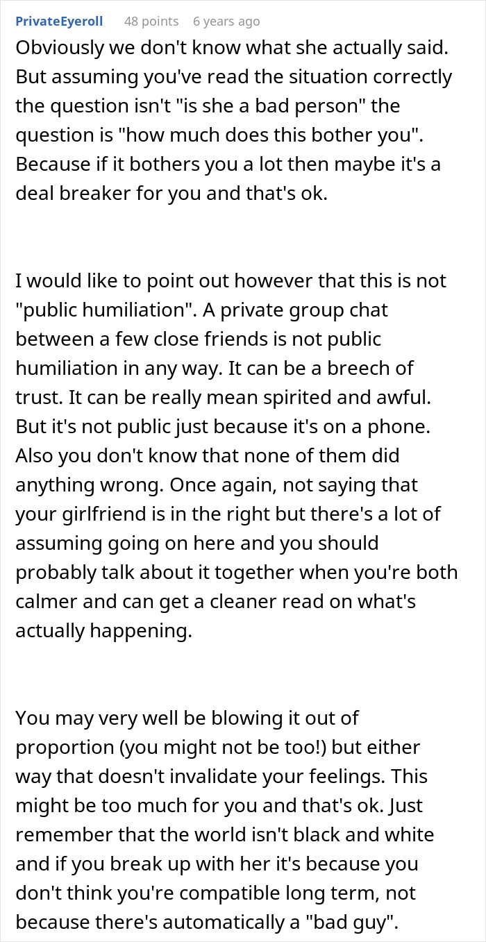 Another comment regarding a guy meeting the one, suggesting communication after he peeked at her phone.