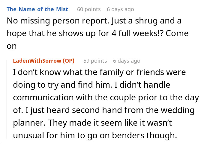 A Reddit comment questions the absence of a missing person report for the vanishing groom and wedding planner's knowledge. A Reddit comment questions the absence of a missing person report for the vanishing groom and wedding planner's knowledge.