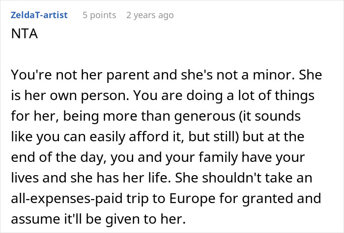 A comment about a woman taking a nanny on a family vacation, advising the original poster.