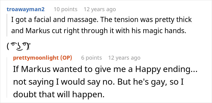 A woman celebrates breaking up with childish BF, discussing a facial and massage, with a humorous note about Markus. A woman celebrates breaking up with childish BF, discussing a facial and massage, with a humorous note about Markus.