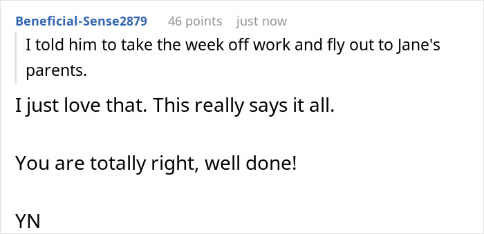 A Reddit comment suggesting flying out to Jane's parents regarding the delulu mom and dad's family issue.