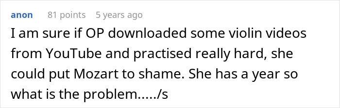 A Reddit comment sarcastically suggesting the bride's classmate could learn violin for the wedding by watching YouTube videos.