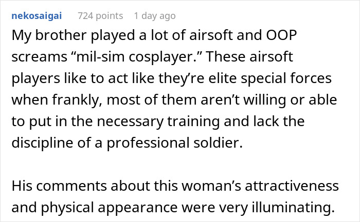 A user comment discussing airsoft players and the leader's behavior after booting the woman for ignoring the dress code. A user comment discussing airsoft players and the leader's behavior after booting the woman for ignoring the dress code.
