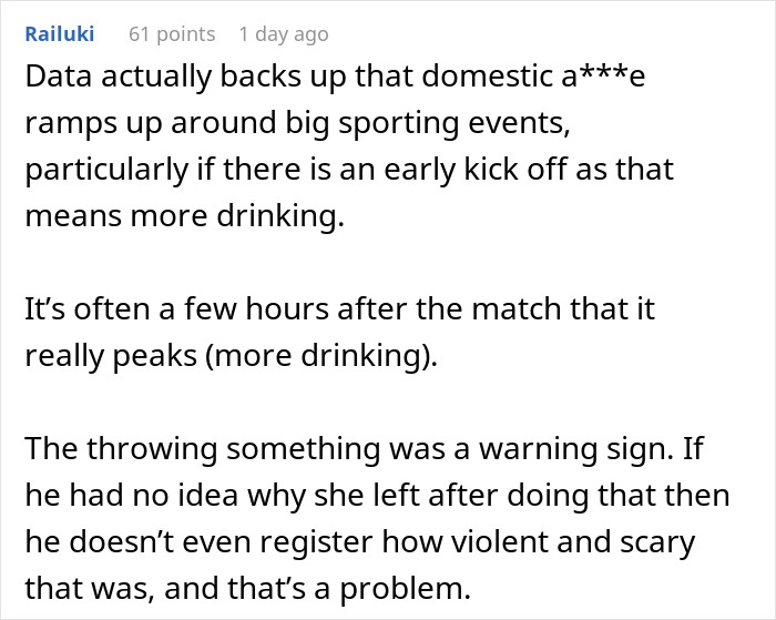 A comment discussing the rise of domestic a***e during sporting events and the fiancé's violent reaction to football. A comment discussing the rise of domestic a***e during sporting events and the fiancé's violent reaction to football.