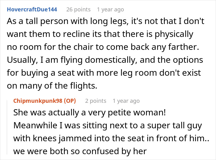 A comment about a woman who physically stops a stranger from reclining on an overnight flight, from a tall person explaining why reclining is an issue for legroom.