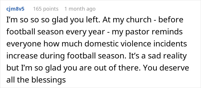A comment about domestic violence incidents increasing during football season, linking to fiancé's upset. A comment about domestic violence incidents increasing during football season, linking to fiancé's upset.
