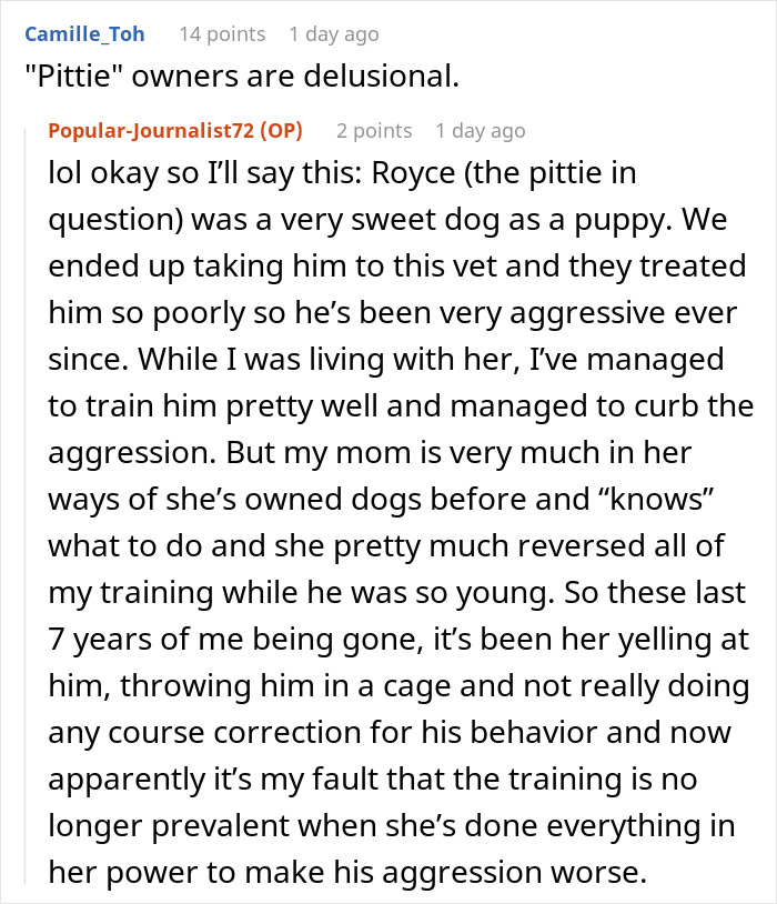 A screenshot of a Reddit comment detailing a delusional mom's behavior regarding her daughter's dog. A screenshot of a Reddit comment detailing a delusional mom's behavior regarding her daughter's dog.