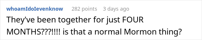 A comment questioning the short relationship duration of a couple, where the bride rejected bridesmaids based on weight. A comment questioning the short relationship duration of a couple, where the bride rejected bridesmaids based on weight.