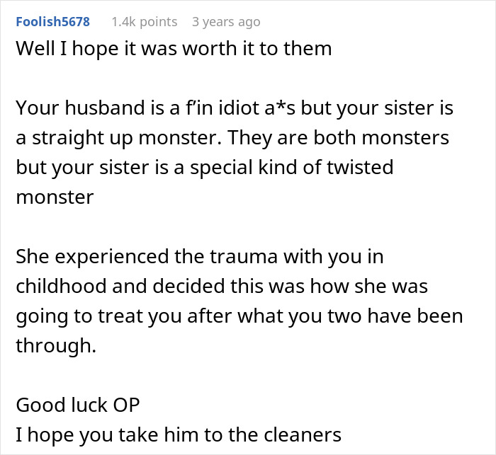 A woman finds her husband and sister naked. A comment calls the sister a monster for the betrayal.