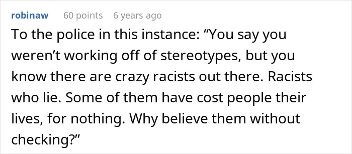 A comment questioning police response to a racist Karen's false report against a Black woman with an expensive phone. A comment questioning police response to a racist Karen's false report against a Black woman with an expensive phone.