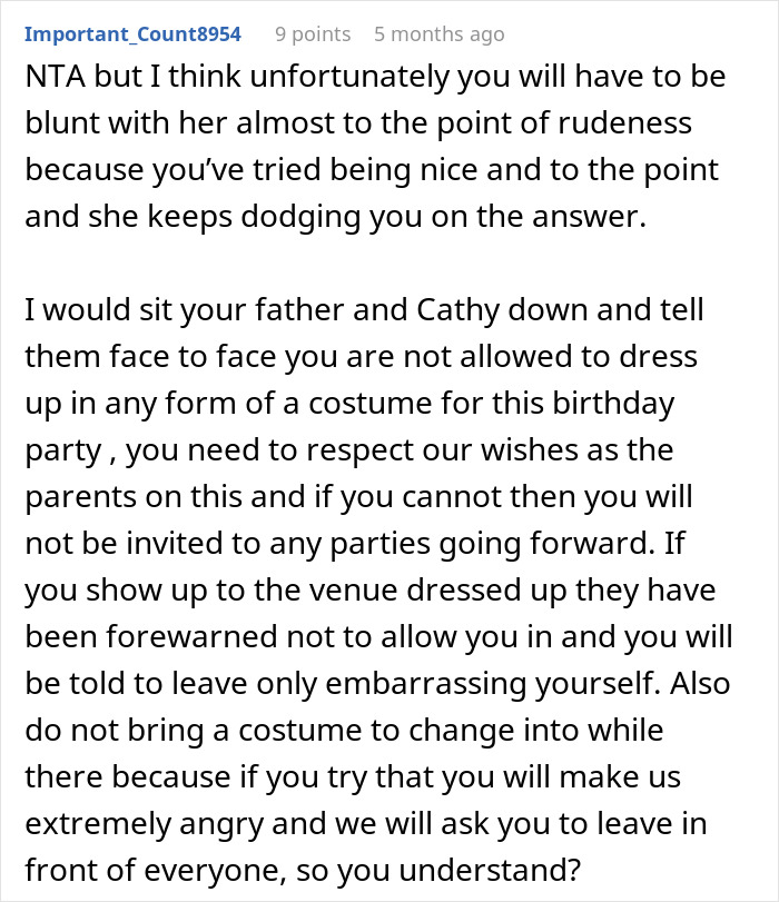 A Reddit comment suggesting a firm conversation with the stepmom to prevent her from hijacking a kid's birthday. A Reddit comment suggesting a firm conversation with the stepmom to prevent her from hijacking a kid's birthday.