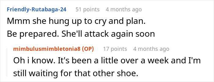 A Reddit comment anticipating further actions from a gossiping mom after her horrible comments caused a family uproar.