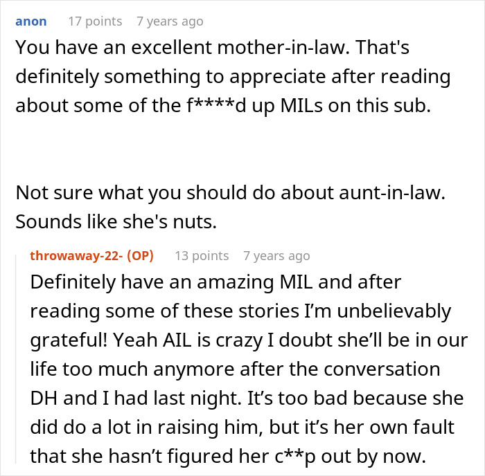 A Reddit comment appreciating a supportive mother-in-law and calling the aunt nuts after her insults.