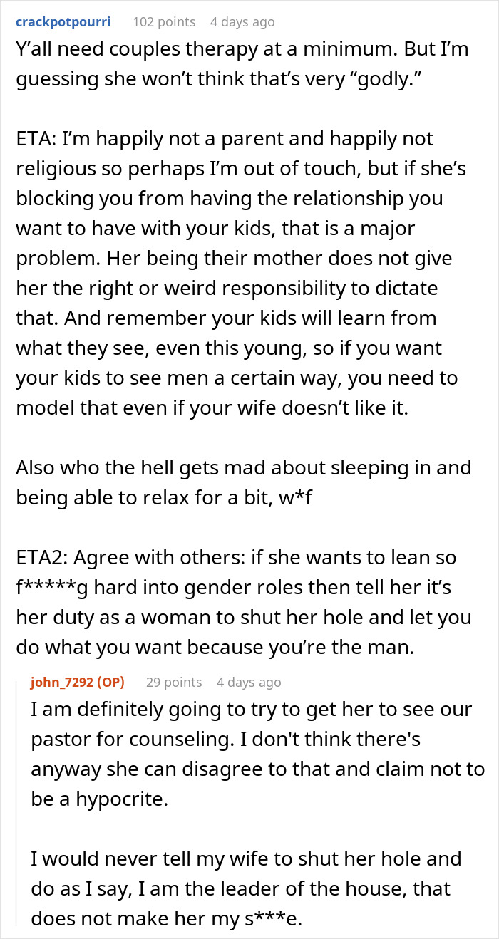 Christian Guy Agrees To Strict Gender Roles In The Family, Upset Wife Actually Enforces Them