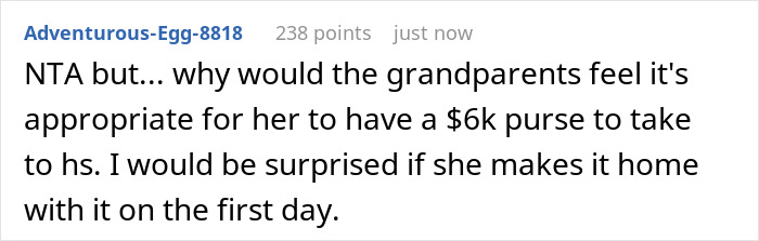 A Reddit comment discussing the stepsister's $6K designer purse and the dad making her pay for it. A Reddit comment discussing the stepsister's $6K designer purse and the dad making her pay for it.