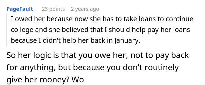 A screenshot of a Reddit comment discussing an aunt asking for money and claiming a loan is owed. A screenshot of a Reddit comment discussing an aunt asking for money and claiming a loan is owed.