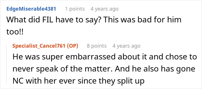 A screenshot of a Reddit comment discussing the father-in-law's reaction to the autistic guy's mom's smear campaign. A screenshot of a Reddit comment discussing the father-in-law's reaction to the autistic guy's mom's smear campaign.