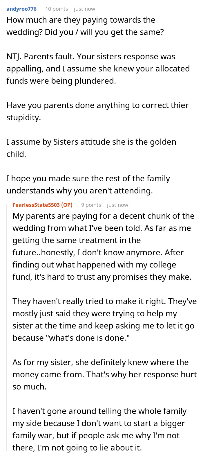 A Reddit comment discussing the sister's knowledge of the college fund situation and the original poster's struggle to trust family promises. A Reddit comment discussing the sister's knowledge of the college fund situation and the original poster's struggle to trust family promises.