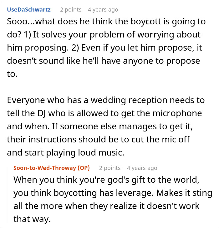 A screenshot of a comment about an entitled man proposing at his brother's wedding, losing more than he bargained for.