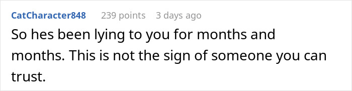 A screenshot of a Reddit comment advising a woman to rethink her engagement due to her fiance's deception and backup plan.