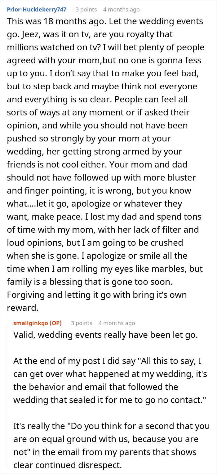 A screenshot of comments from Prior-Huckleberry747 and smallginkgo about wedding events and family behavior.