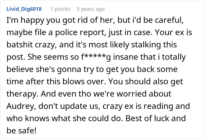 A comment advising someone to file a police report against their cheating ex and get therapy.