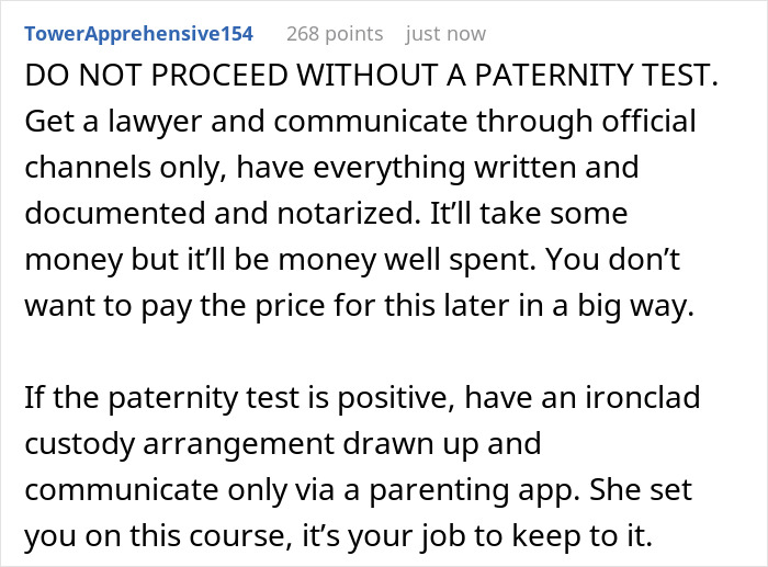 Screenshot of advice stressing a paternity test and lawyer for a baby's dad in paperwork situation Screenshot of advice stressing a paternity test and lawyer for a baby's dad in paperwork situation