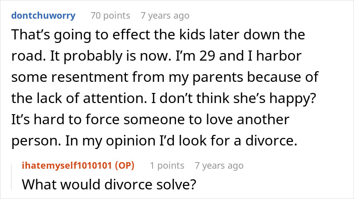 A screenshot of Reddit comments discussing the impact on kids and the idea of divorce after a man pressured his wife to have children.