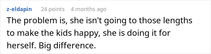 A Reddit comment states a stepmom is hijacking a kids birthday for herself, not the children's happiness. A Reddit comment states a stepmom is hijacking a kids birthday for herself, not the children's happiness.