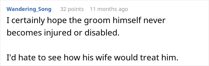 A user comment hoping the groom never becomes injured or disabled, reflecting the bride's twisted values.