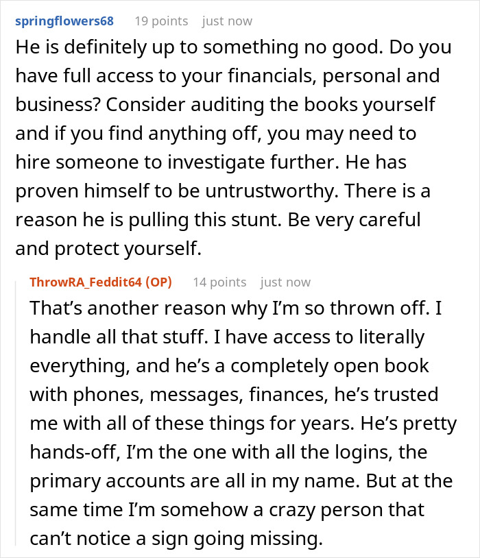 A Reddit thread showing a comment from springflowers68 advising the GF to check financials after the boyfriend removed the business sign. A Reddit thread showing a comment from springflowers68 advising the GF to check financials after the boyfriend removed the business sign.
