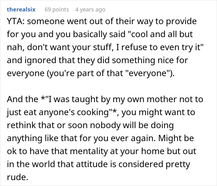 A social media comment on a woman refusing to eat at MIL's home, calling her attitude about not eating anyone's cooking rude.