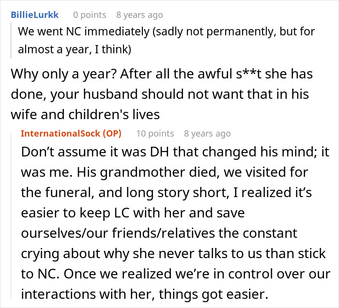 A Reddit comment section with users discussing the decision to go no contact (NC) after a wedding incident.