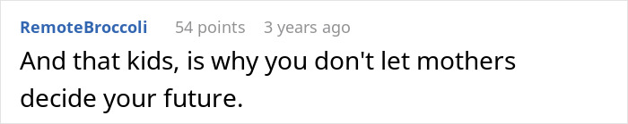 A comment advising against letting mothers decide a child's future, highlighting the conflict with the future mother-in-law.