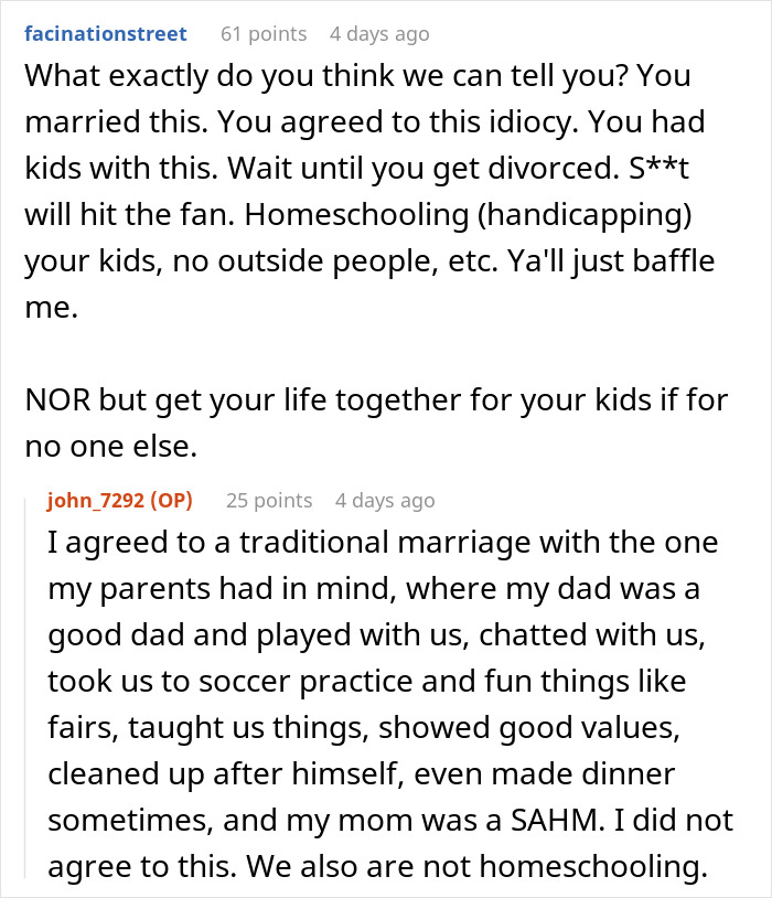 Christian Guy Agrees To Strict Gender Roles In The Family, Upset Wife Actually Enforces Them