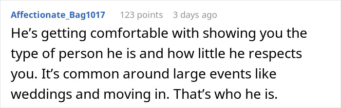 A Reddit comment discussing a fiancé's disrespect towards a bride-to-be over an ultimatum about her cat. A Reddit comment discussing a fiancé's disrespect towards a bride-to-be over an ultimatum about her cat.