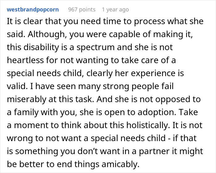 A comment on a wife changing her mind about having kids after an autism diagnosis, suggesting adoption. A comment on a wife changing her mind about having kids after an autism diagnosis, suggesting adoption.