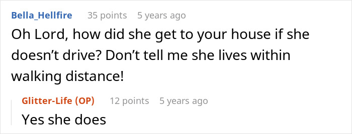 Screenshot showing a comment asking how the MIL got there if she doesnt drive, with OP confirming she lives within walking distance. Screenshot showing a comment asking how the MIL got there if she doesnt drive, with OP confirming she lives within walking distance.